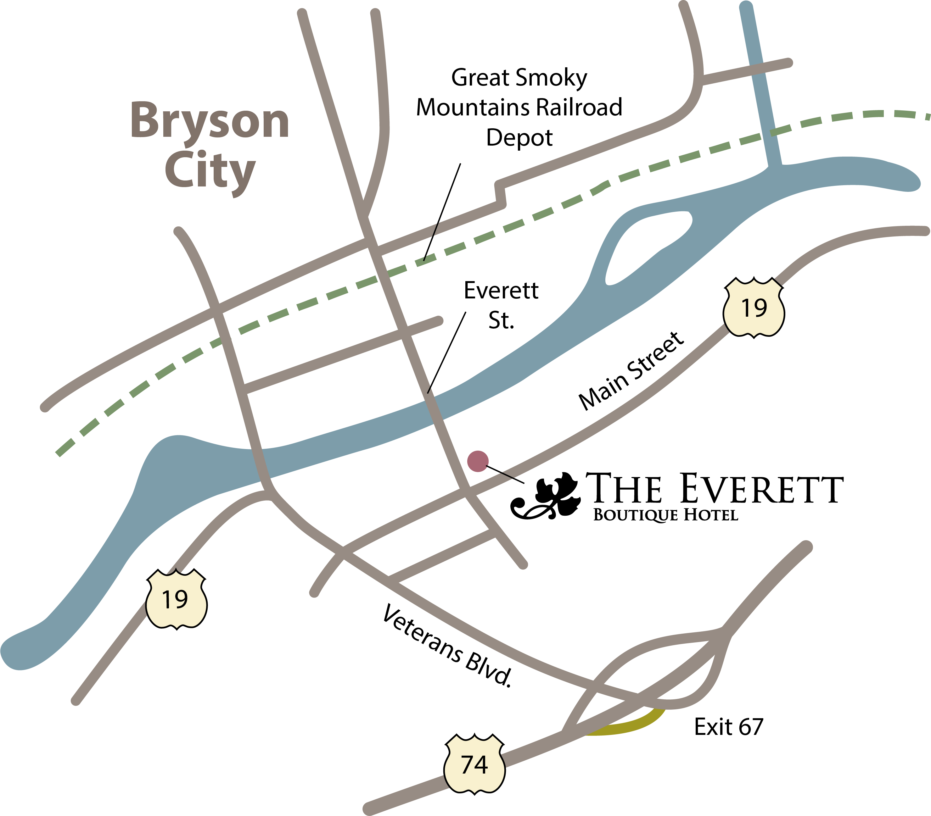 Bryson City map with Everett Hotel location